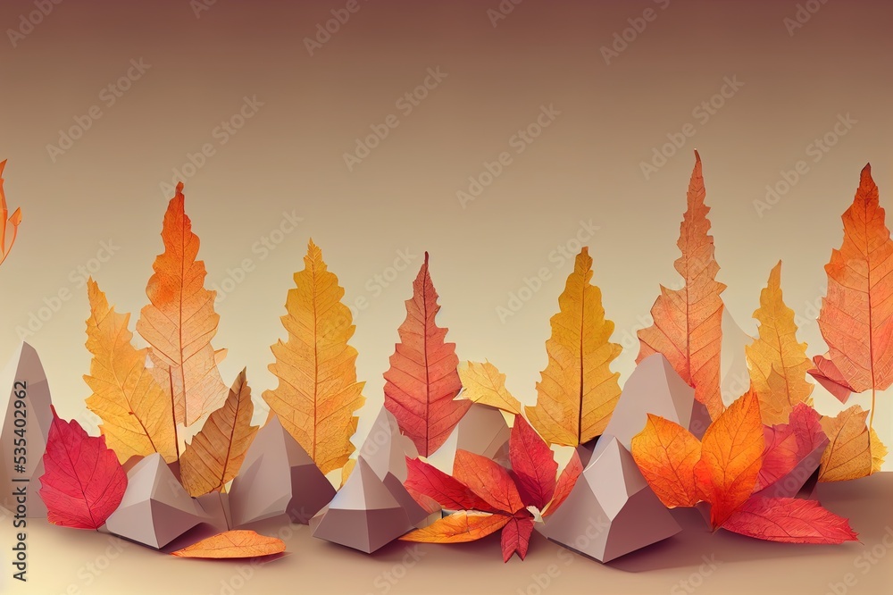3d podium. Abstract minimal scene with autumn geometric forms. cylinder podium in orange background with autumn plant leaves. product presentation, mockup, show product, podium, stage pedestal .. High