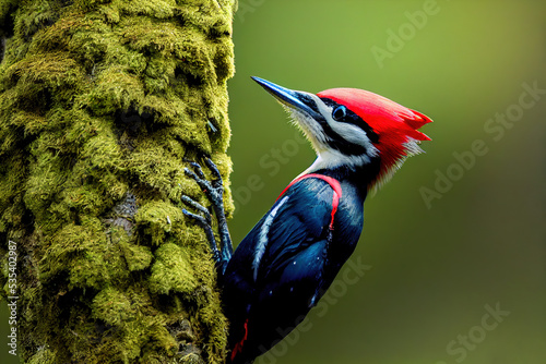 Closeup Portrait of Beautiful pileated woodpecker on tree photo