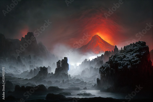 Abstract night volcanic landscape. Fantasy landscape and unknown legend. 3d illustration © Katynn