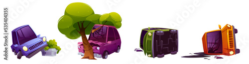 Road accidents with car crash. Broken vehicles turned on side, hitting tree and flower bed, with oil leak after collision isolated on white background, vector cartoon set
