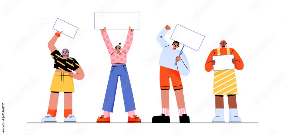 Obraz premium Rally, protest concept, people with placards and banners on rally demonstration or strike. activists holding signs fighting for their rights, crowd picketing on riot, Line art flat vector illustration