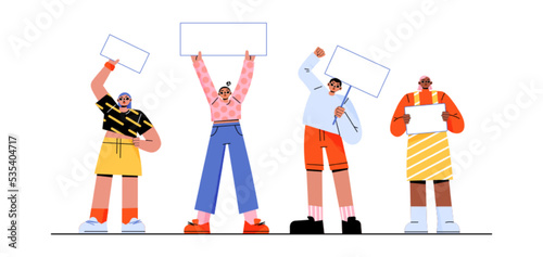 Rally, protest concept, people with placards and banners on rally demonstration or strike. activists holding signs fighting for their rights, crowd picketing on riot, Line art flat vector illustration