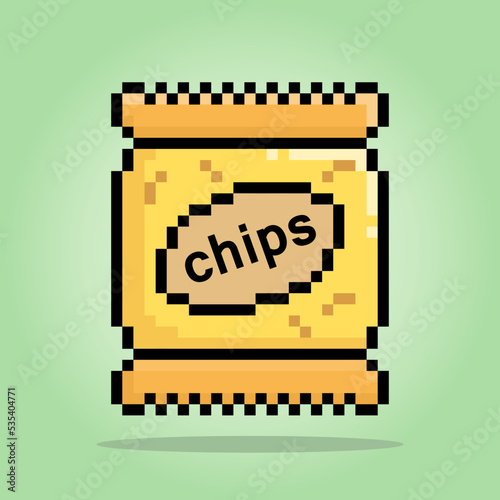 8 -bit pixel snacks. Packaging foods, chips potato for game assets in vector illustrations.