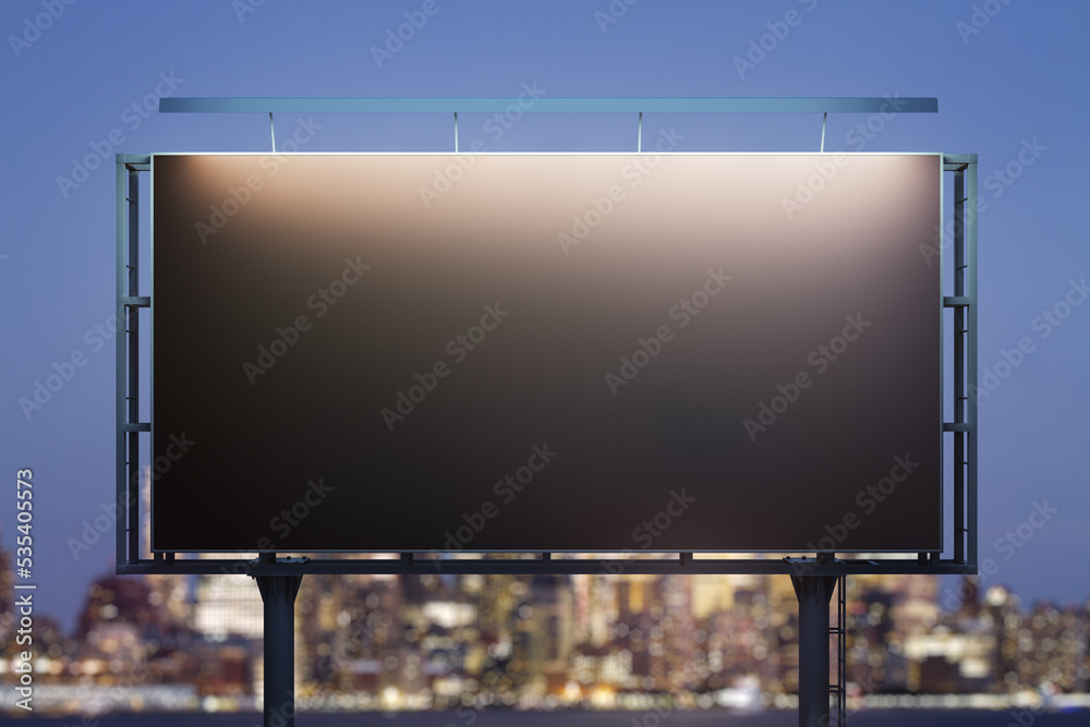 Blank black horizontal billboard on skyline background at evening, front view. Mock up, advertising concept Blank black horizontal billboard on skyline background at evening, front view. Mock up, advertising concept