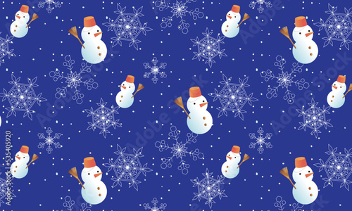 雪の結晶と雪だるまのシームレスパターン背景素材（紺、青）