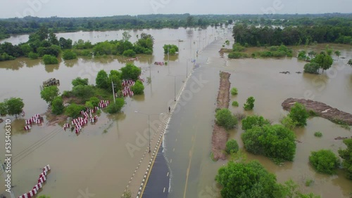 High angle video, high flooded road running through until unable to drive