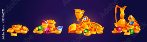 Treasure piles, pirate loot, golden coins, crystals, crown, gold goblet and jug with precious gems. Ancient fantasy riches, magic game ui or gui assets, isolated cartoon trophy, Vector illustration