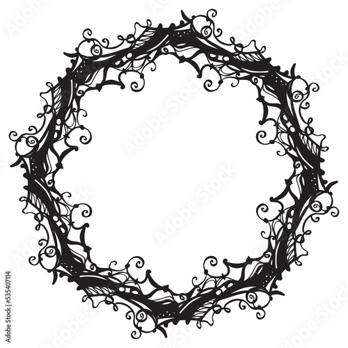 Halloween wreath from web and swirls - vector graphic, black lines on white. Gothic style. Mirror decoration.