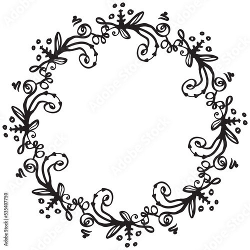 Decorative wreath from branches and swirls. Vector doodles, black lines on white.
