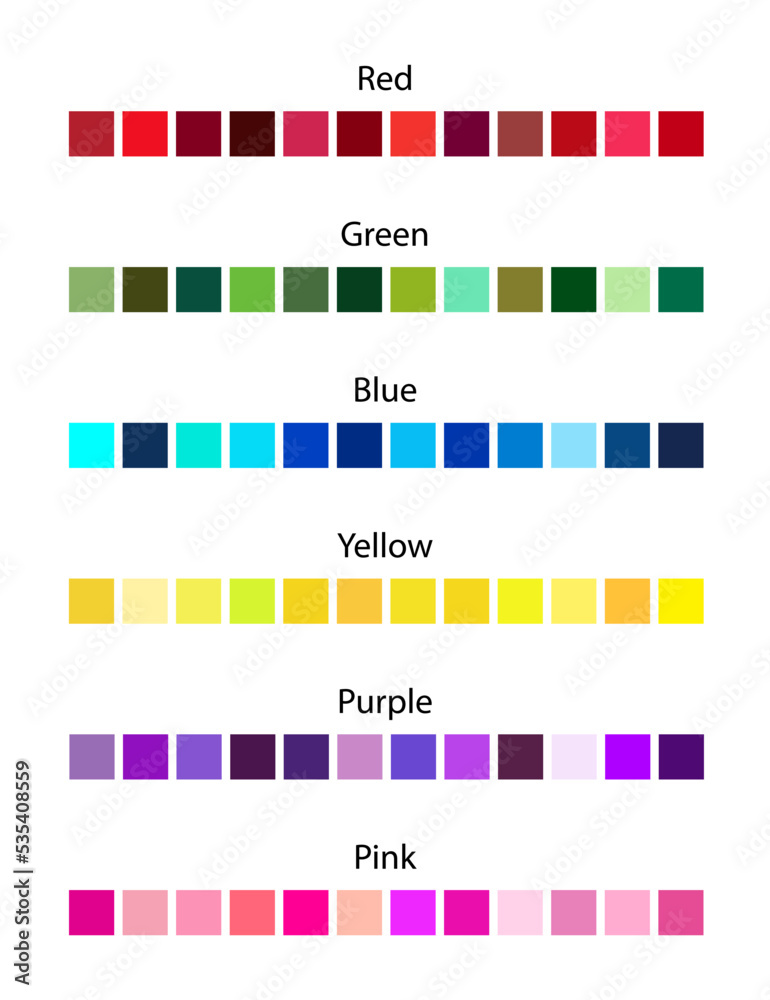 Red Green Blue Yellow Purple and Pink Color Shades Palette