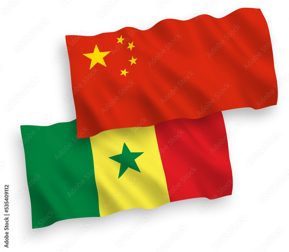 National vector fabric wave flags of Republic of Senegal and China isolated on white background 1 to 2 proportion. National vector fabric wave flags of Republic of Senegal and China isolated on white background 1 to 2 proportion.