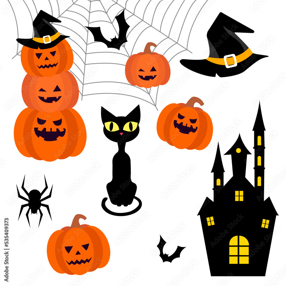 Halloween stickers, castle, pumpkins, cat, hat, spider, bats Halloween stickers, castle, pumpkins, cat, hat, spider, bats
