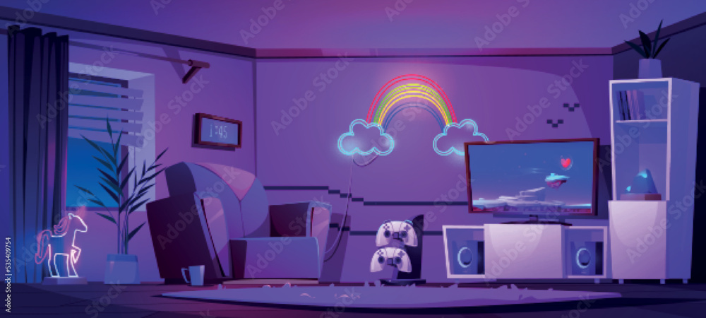 Gamer room with tv screen, play station, joysticks, chair and neon rainbow lamp on wall. Esport player home interior with game console and monitor at night, vector cartoon illustration