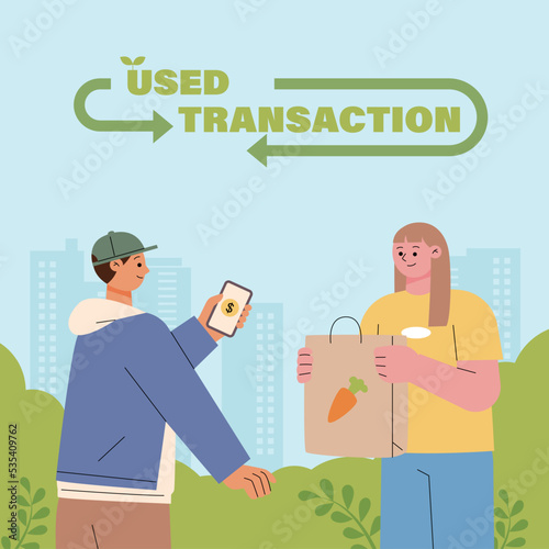 environmental protection banner. People are making purchases using second-hand goods store apps. 