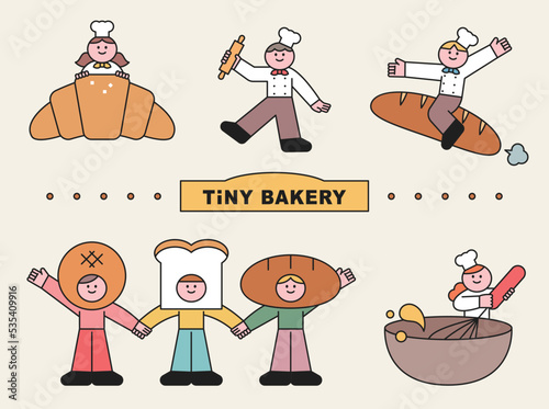 Bread and cute baker characters. It's riding on a huge loaf of bread. He has a bread face and is waving his hand.
