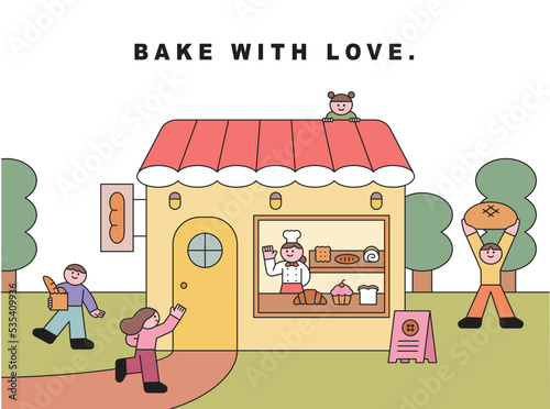 Cute bakery in the woods. A cute baker is selling bread and people come to buy it. 