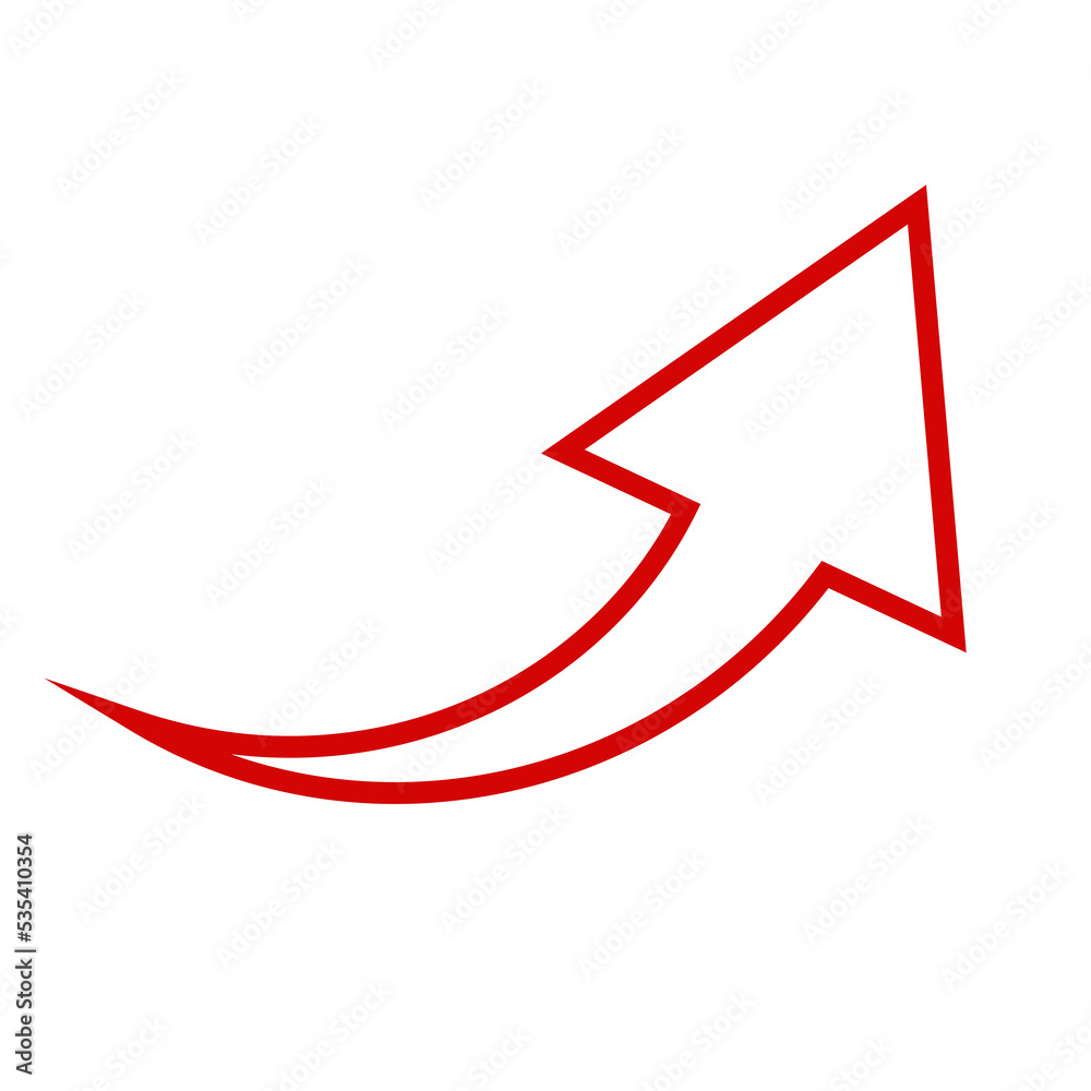 Red outlined arrow shape. Symbol for rising costs, expenses. Isolated png illustration, transparent background. Asset for overlay, montage, collage or mark making. Business concept.	