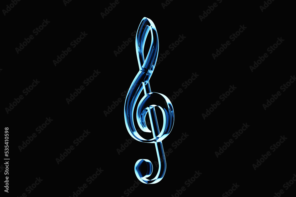 Realistic blue neon treble clef on a black background. 3d golden musical symbol - decoration elements for design. Realistic blue neon treble clef on a black background. 3d golden musical symbol - decoration elements for design.