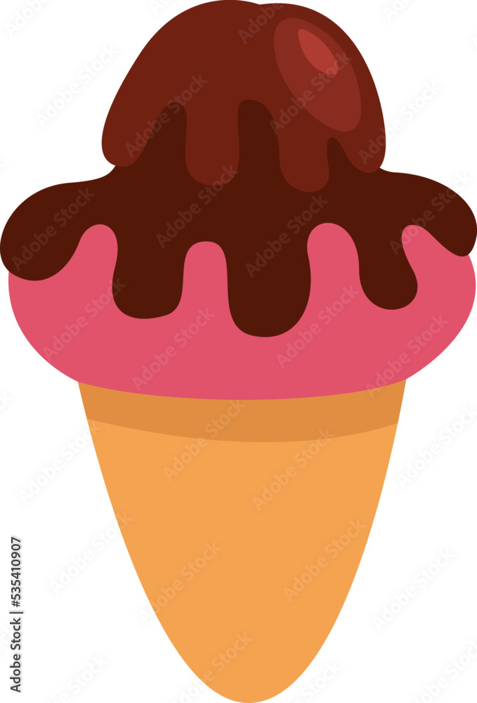 Pink ice cream with chocolate in cone, illustration, vector on a white background. Pink ice cream with chocolate in cone, illustration, vector on a white background.