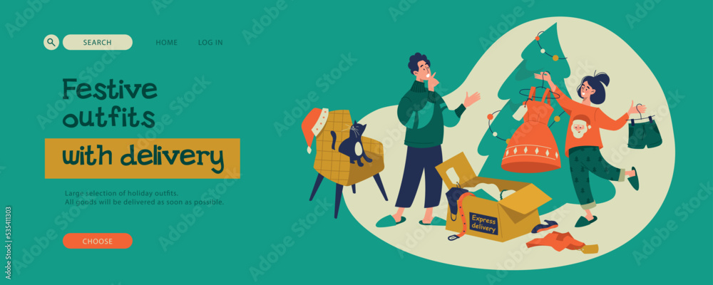 Delivery and fitting of outfits for the holiday. The girl shows the guy a new dress. Happy family in the interior of the apartment. Preparation for the new year. Landing banner. Vector image.