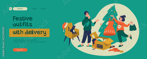 Delivery and fitting of outfits for the holiday. The girl shows the guy a new dress. Happy family in the interior of the apartment. Preparation for the new year. Landing banner. Vector image.