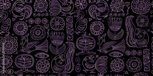 Magic fantasy birds and flowers. Vintage seamless pattern background for your...