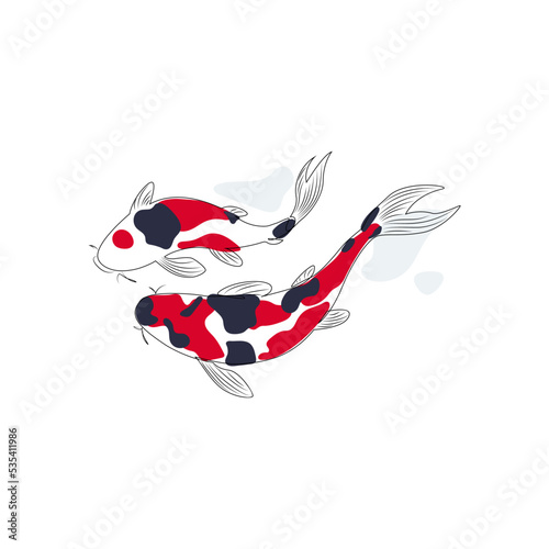 Two traditional Japanese koi carp fish top view on a white background in abstract linear drawing style. Vector illustration of one line.