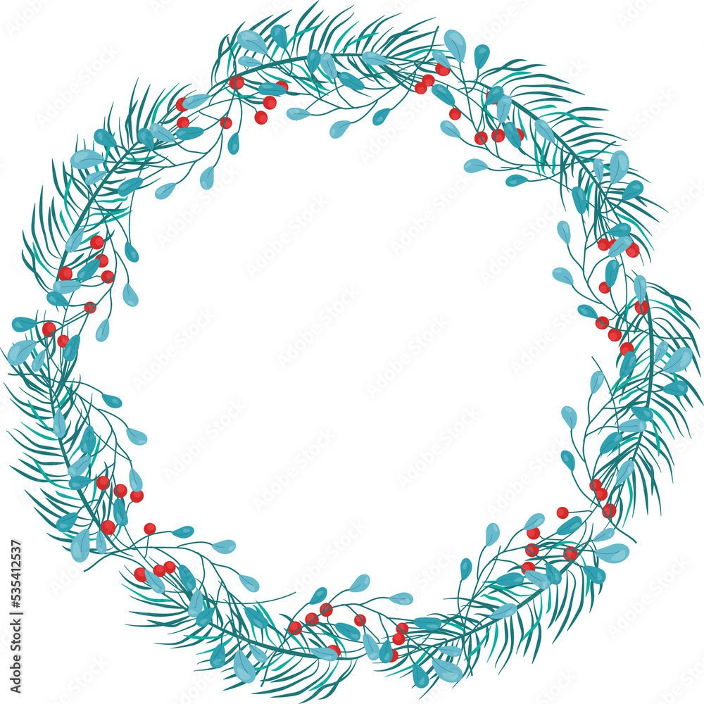 Obraz premium Botanical illustration on a transparent background with fir branches, red berries. Christmas wreath made of spruce and berries. Celebrating the new year 2023. Template for round greeting card, sticker