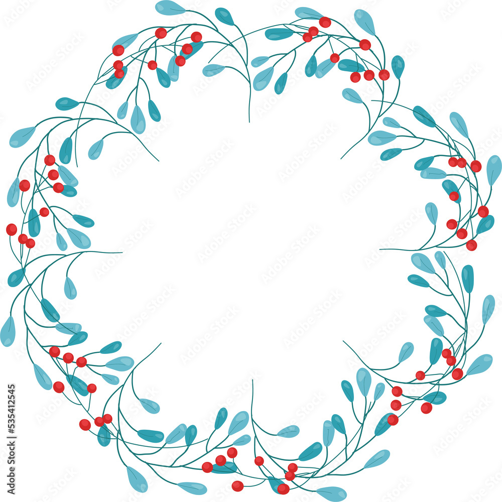 Botanical illustration on a transparent background with fir branches, red berries. Christmas wreath made of spruce and berries. Celebrating the new year 2023. Template for round greeting card, sticker