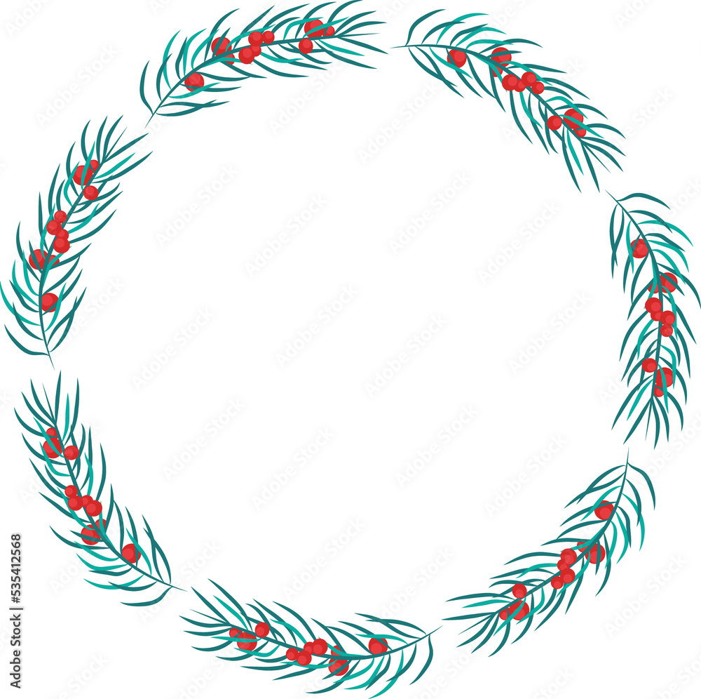 Obraz premium Botanical illustration on a transparent background with fir branches, red berries. Christmas wreath made of spruce and berries. Celebrating the new year 2023. Template for round greeting card, sticker