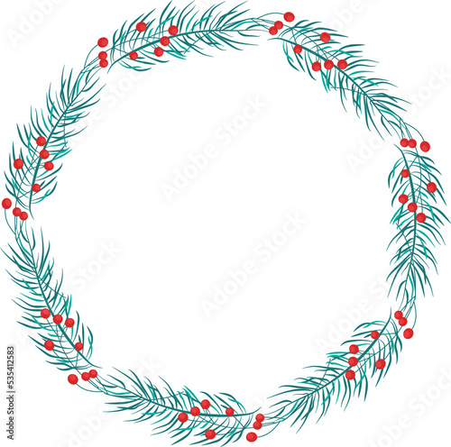 Botanical illustration on a transparent background with fir branches, red berries. Christmas wreath made of spruce and berries. Celebrating the new year 2023. Template for round greeting card, sticker