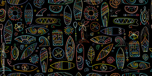 Surf boards collection, surfing time. Hawaii seamless pattern design for fabric, wallpapers etc. Vector illustration