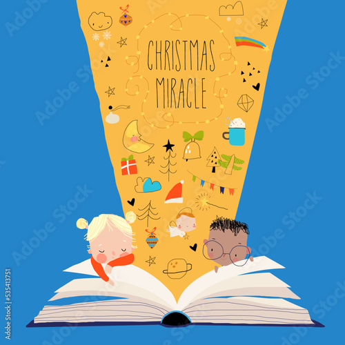 Children sitting near Big Open Book and waiting Christmas Miracles