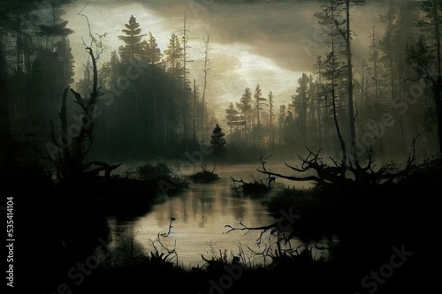 Empty, misty swamp in the moody forest with copy space. High quality illustration