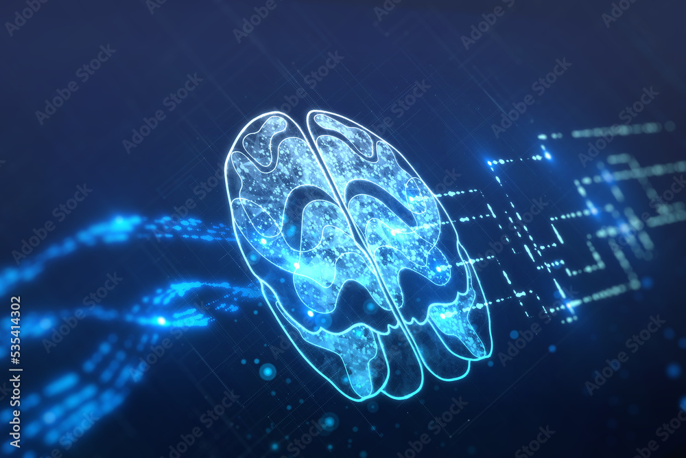 Creative glowing brain hologram on dark wallpaper. Neurology research