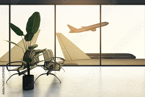 Travel concept with empty seats and high green plant in airport lounge and plane taking off through panoramic window on background. 3D rendering