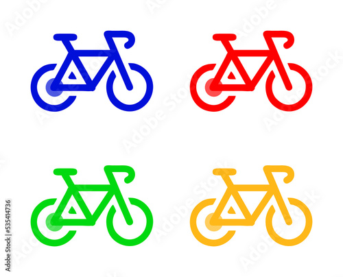 A set of 4 flat bicycle icons in different colours, isolated on a white background.