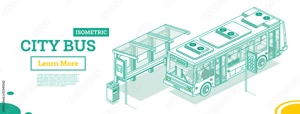 City Bus and Bus Stop. Isometric Outline Concept. Vector Illustration.