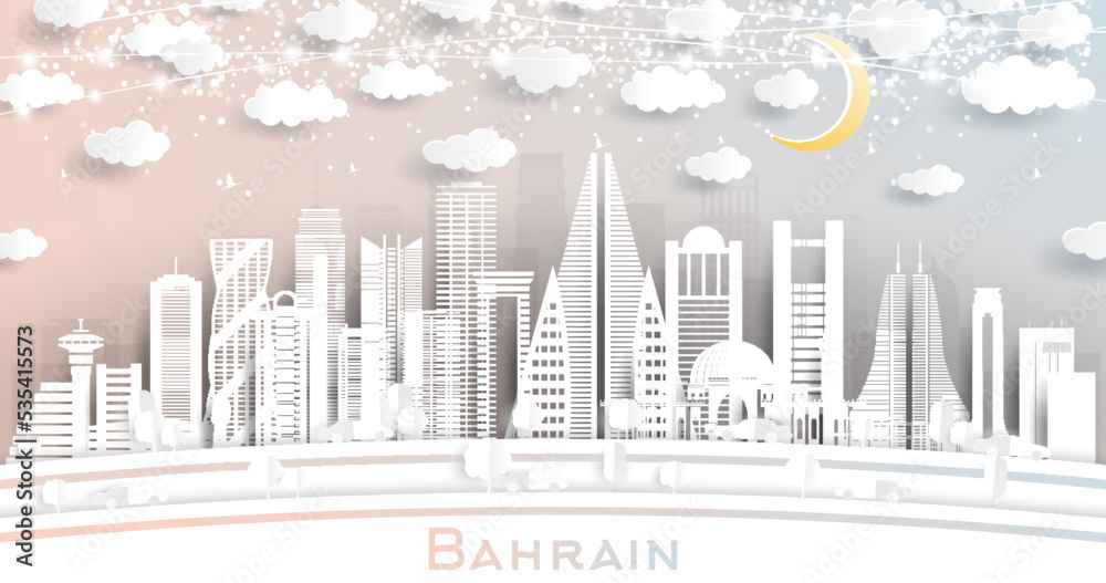 Bahrain City Skyline in Paper Cut Style with White Buildings, Moon and Neon Garland.