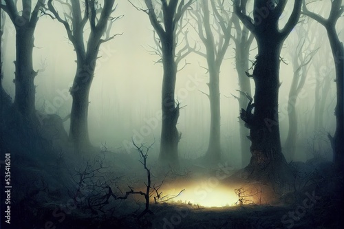 A fantasy concept. Of a glowing portal in a spooky forest. On a foggy winters day. High quality illustration