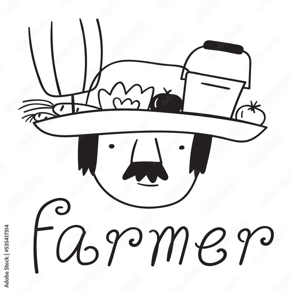 Farmer face. Hand drawn vector outline icon. Black color illustration on white background. Farmer face. Hand drawn vector outline icon. Black color illustration on white background.