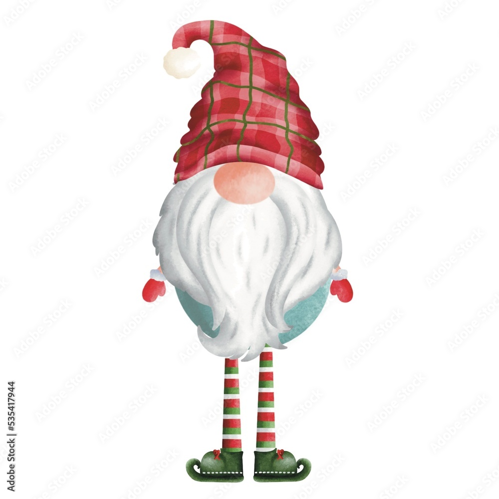 Christmas gnome watercolor illustration. Gnome with white beard wearing red  buffalo plaid hat and lovely red gloves and red green socks. Isolated on  transparent background. Hand painted drawing Xmas. Illustration Stock