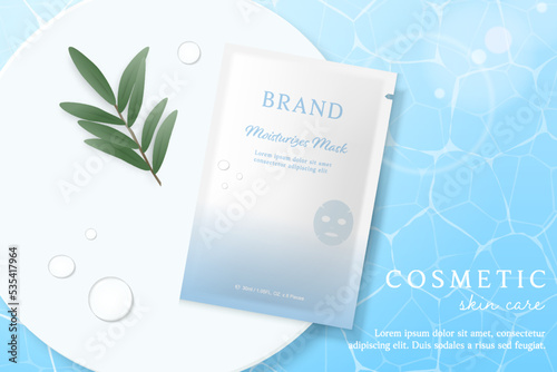 Cosmetics and mask ads template on blue water background.