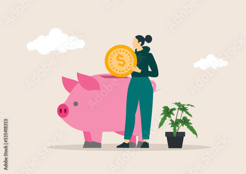 A woman put money coin into piggy for saving money wealth, vector illustration concept.