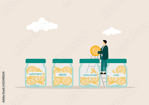 A man putting money in the jar for the future, money plan, saving money and management, vector illustration concept.