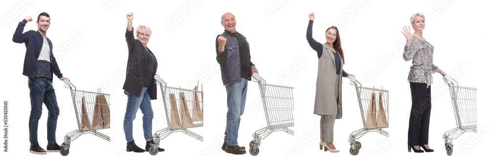 group of people with cart isolated on white group of people with cart isolated on white