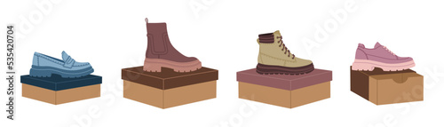 Set of boxes with female shoes and boots. Various types trendy casual footwear. Hand drawn vector illustration isolated on white background. Modern flat cartoon style. photo