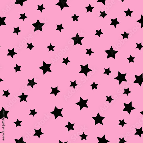 Simple seamless star pattern. pink background, black  stars. vector texture. fashionable print for textiles, wallpaper and packaging.	