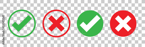 Check mark and X mark icon. Checkmark and x mark icon for apps and websites. Green and red check mark icon on transparent background. Vector illustration