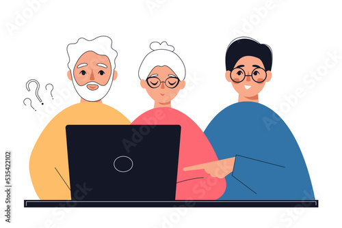 Older people using computer. Help elderly to master modern technologies. Senior couple with laptop. Vector flat illustration.